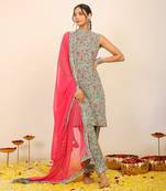 Multicolour floral printed kurta set paired with pant and pink dupatta