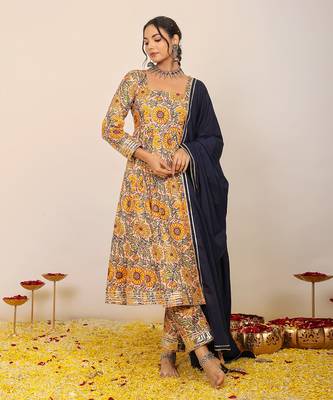 Yellow and multicolour floral printed anarkali suit set paired with pant and black dupatta 1