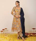 Yellow and multicolour floral printed anarkali suit set paired with pant and black dupatta