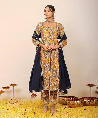 Yellow and multicolour floral printed anarkali suit set paired with pant and black dupatta 2