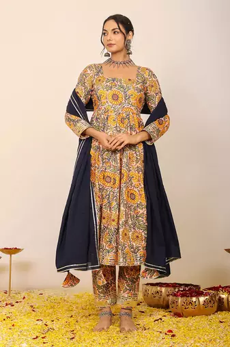 Yellow and multicolour floral printed anarkali suit set paired with pant and black dupatta