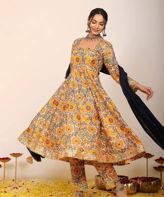Yellow and multicolour floral printed anarkali suit set paired with pant and black dupatta 3