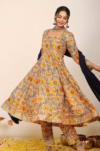 Yellow and multicolour floral printed anarkali suit set paired with pant and black dupatta