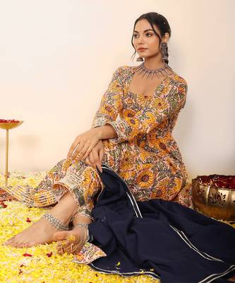 Yellow and multicolour floral printed anarkali suit set paired with pant and black dupatta 4