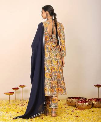 Yellow and multicolour floral printed anarkali suit set paired with pant and black dupatta 5