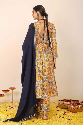 Yellow and multicolour floral printed anarkali suit set paired with pant and black dupatta