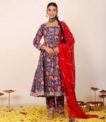 Multicolour floral printed anarkali suit set paired with pant and pink dupatta