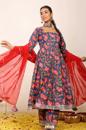 Multicolour floral printed anarkali suit set paired with pant and pink dupatta