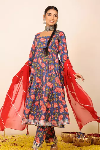 Multicolour floral printed anarkali suit set paired with pant and pink dupatta