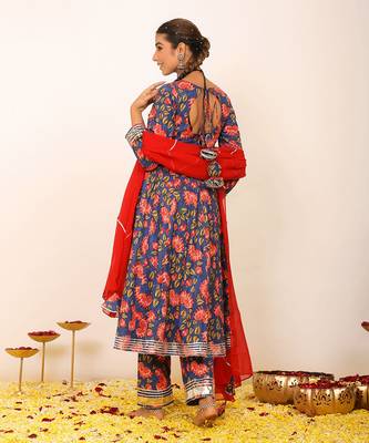 Multicolour floral printed anarkali suit set paired with pant and pink dupatta 4