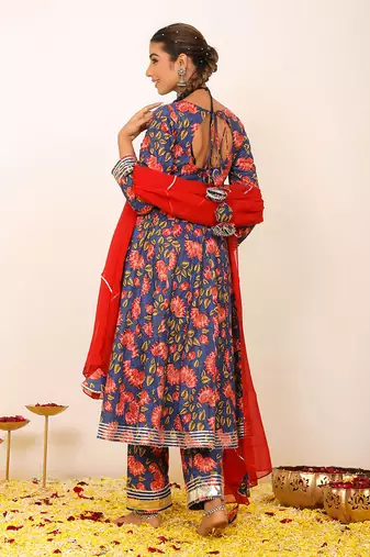 Multicolour floral printed anarkali suit set paired with pant and pink dupatta