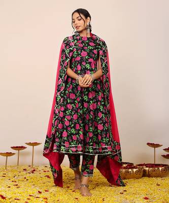Multicolour floral printed anarkali suit set paired with pant and pink dupatta 1