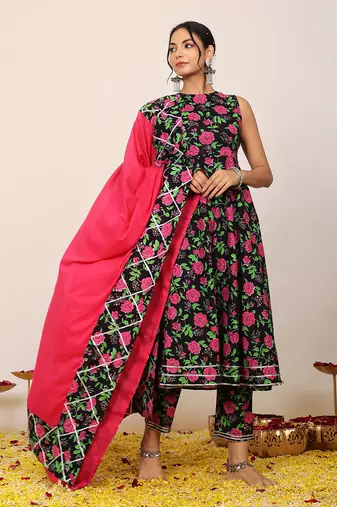 Multicolour floral printed anarkali suit set paired with pant and pink dupatta
