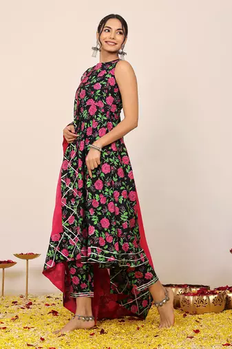 Multicolour floral printed anarkali suit set paired with pant and pink dupatta