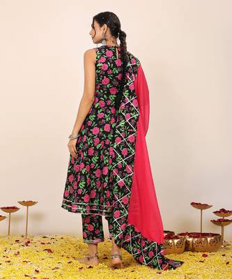 Multicolour floral printed anarkali suit set paired with pant and pink dupatta 5