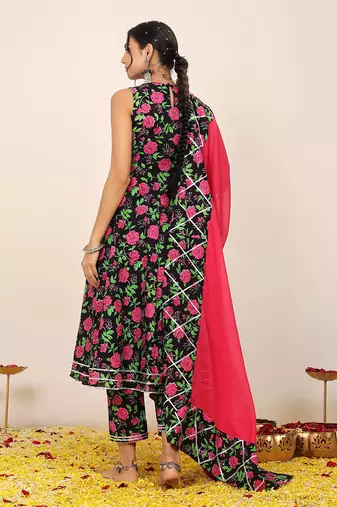 Multicolour floral printed anarkali suit set paired with pant and pink dupatta