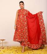 Multicolour floral printed anarkali suit set paired with pant and dupatta
