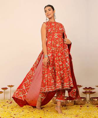 Multicolour floral printed anarkali suit set paired with pant and dupatta 2