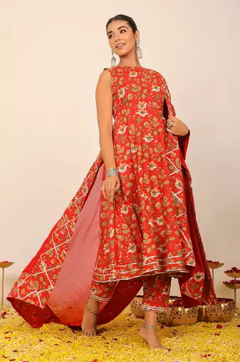 Multicolour floral printed anarkali suit set paired with pant and dupatta