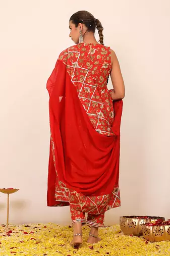 Multicolour floral printed anarkali suit set paired with pant and dupatta