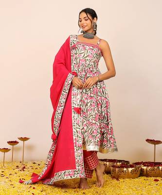 Floral printed multicolour sleeveless anarkali suit set paired with pant and dupatta 1