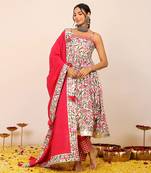 Floral printed multicolour sleeveless anarkali suit set paired with pant and dupatta