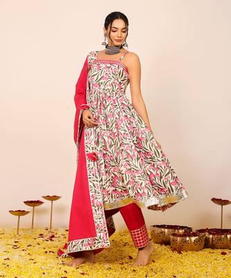 Floral printed multicolour sleeveless anarkali suit set paired with pant and dupatta 3