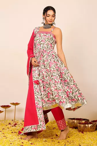 Floral printed multicolour sleeveless anarkali suit set paired with pant and dupatta