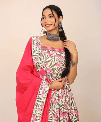 Floral printed multicolour sleeveless anarkali suit set paired with pant and dupatta 4