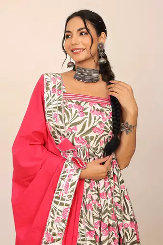 Floral printed multicolour sleeveless anarkali suit set paired with pant and dupatta