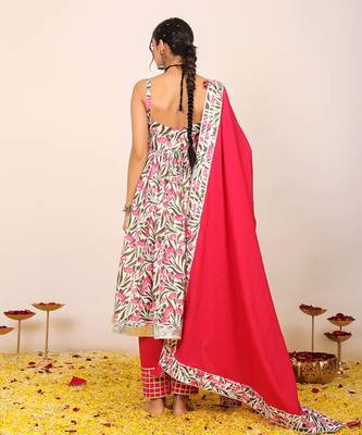 Floral printed multicolour sleeveless anarkali suit set paired with pant and dupatta 5