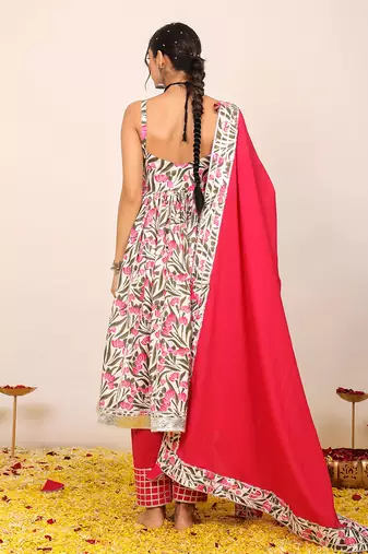 Floral printed multicolour sleeveless anarkali suit set paired with pant and dupatta