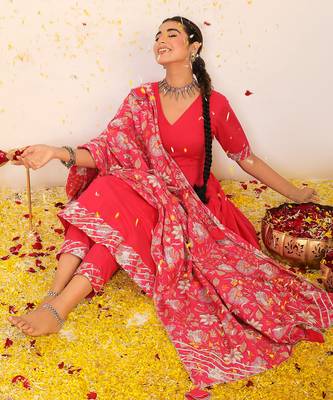 Rani pink solid anarkali suit set paired with pant and printed dupatta 5