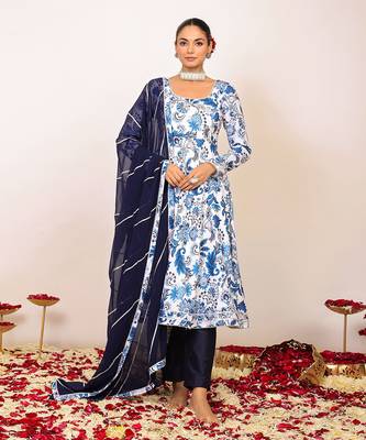Blue and white floral printed anarkali suit set paired with pant and dark blue dupatta 1
