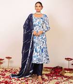 Blue and white floral printed anarkali suit set paired with pant and dark blue dupatta
