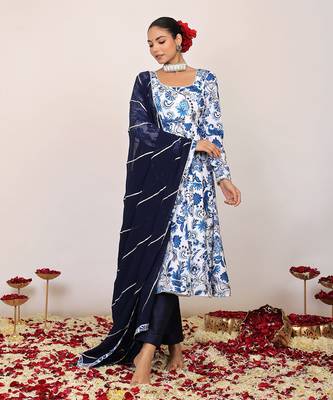 Blue and white floral printed anarkali suit set paired with pant and dark blue dupatta 3