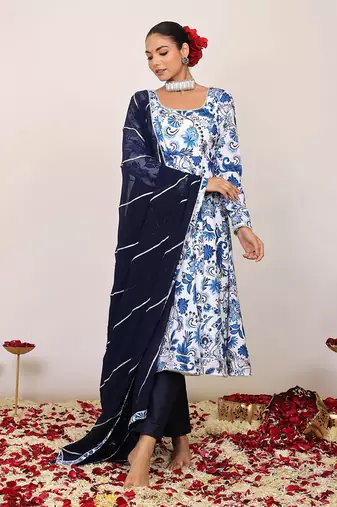 Blue and white floral printed anarkali suit set paired with pant and dark blue dupatta