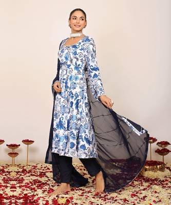 Blue and white floral printed anarkali suit set paired with pant and dark blue dupatta 4