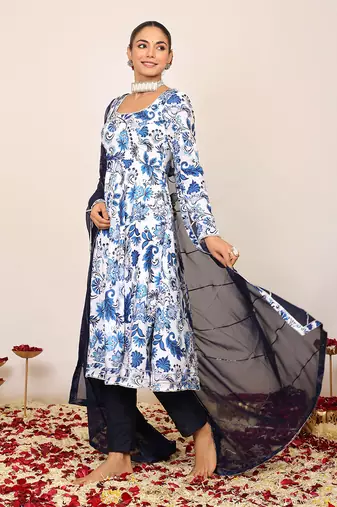 Blue and white floral printed anarkali suit set paired with pant and dark blue dupatta