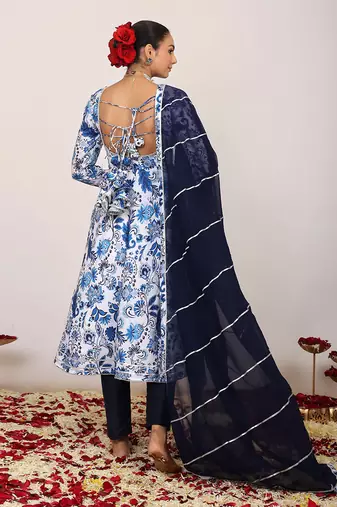 Blue and white floral printed anarkali suit set paired with pant and dark blue dupatta