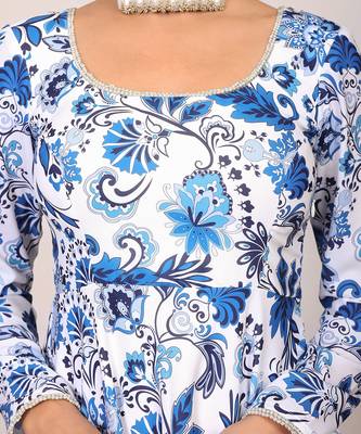 Blue and white floral printed anarkali suit set paired with pant and dark blue dupatta 6
