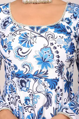 Blue and white floral printed anarkali suit set paired with pant and dark blue dupatta