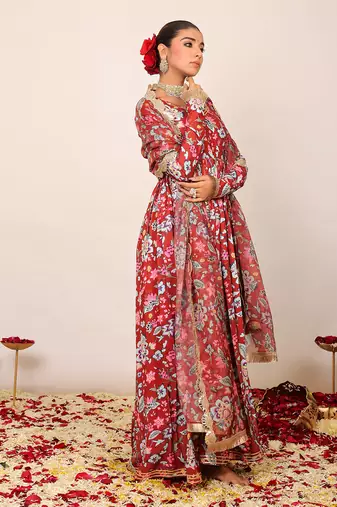 Multicolour floral printed anarkali kurta set with sweetheart neckline paired with dupatta