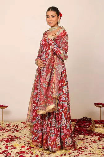 Multicolour floral printed anarkali kurta set with sweetheart neckline paired with dupatta