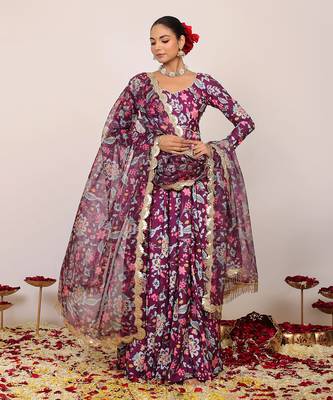 Floral printed multicolour anarkali kurta set with sweetheart neckline paired with dupatta 1