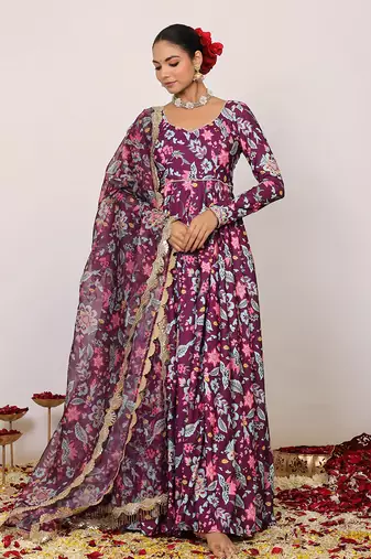 Floral printed multicolour anarkali kurta set with sweetheart neckline paired with dupatta