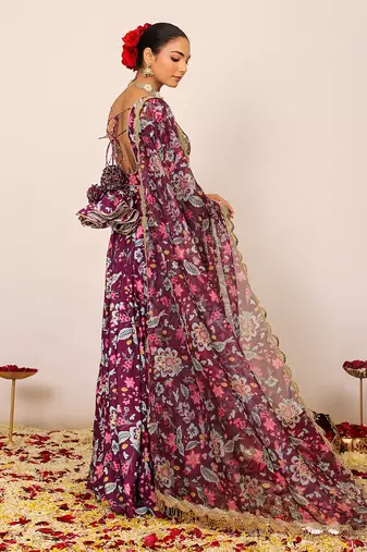 Floral printed multicolour anarkali kurta set with sweetheart neckline paired with dupatta