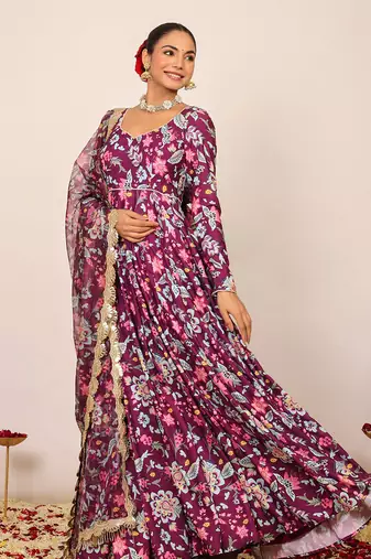 Floral printed multicolour anarkali kurta set with sweetheart neckline paired with dupatta