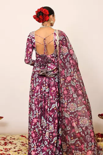 Floral printed multicolour anarkali kurta set with sweetheart neckline paired with dupatta
