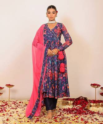 Floral printed multicolour anarkali kurta set with v-neckline paired with pant and pink dupatta 1
